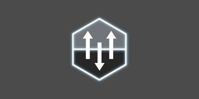 A grey and white icon with arrows inside a hexagon pointing up and down, depicting breathability and moisture wicking.
