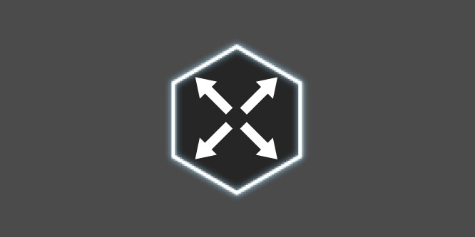 A grey and white icon with 4 arrows pointing outward from the center of a hexagon, depicting 4-way stretch.
